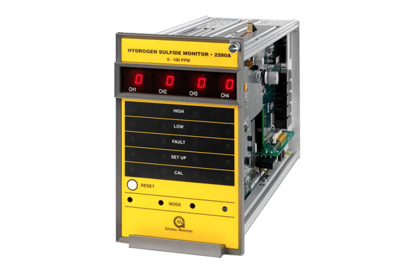 The 2280A is a system for continuously monitoring H2S gas concentrations in four locations. The system consists of up to four remote mounted sensors and a solid state controller. The controller consists of four independent channels, each having its own circuitry. With a digital display, the 2280A shows hydrogen sulfide gas concentrations in ppm (parts per million) in the ranges of 0-20, 0-50, or 0-99 ppm for each channel.